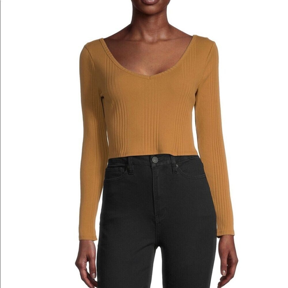 NEW Arizona Bone brown cropped long sleeve top SZ L lettuce trim ribbed top